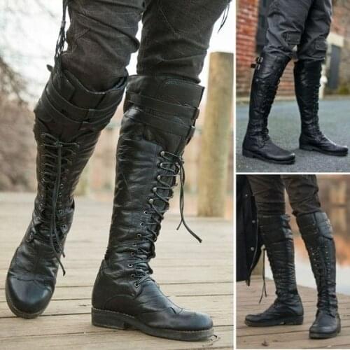Vintage Men Lace Up Medieval Knee High Cross Strap Flat Cool Tall Boots Shoes Renaissance Style Boots Zapatos Para Hombre