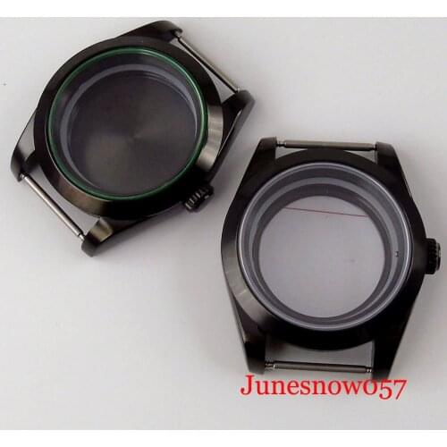 Black 39mm Polished PVD Watch Case Flat Sapphire Glass for NH35 NH36 Movement Seeing / Mental Back Screw Crown