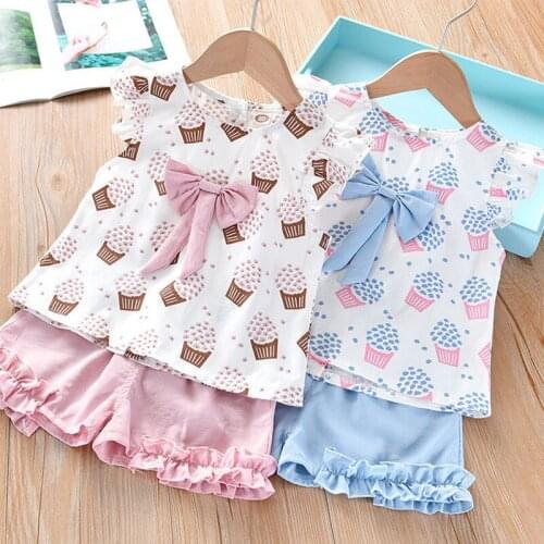 Baby Girl Clothes Set New Creative Ice Cream Pattern Sleeveless Tops + Bow Short Skirt Spring Summer Casual Suits For Kids 1-6T
