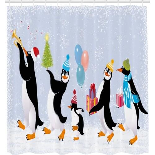 Group of Penguins in Caps Walking on Snow with Surprise Cloth Fabric Bathroom Decor