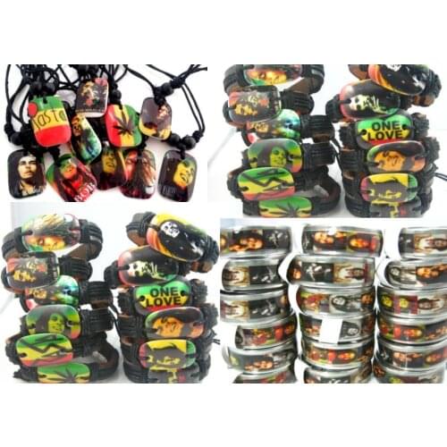 MIXMAX New 30pcs Bob Marley RASTA Jamaica Reggae mixed jewelry stainless steel rings Resin necklaces and cuff bracelets 30 IN 1