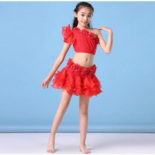 Stage Performance Children Dance Wear Flower Outfit Belly Dance Costume Bead Rhinestones 2pcs Top and Skirt