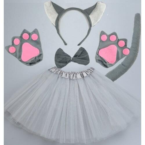 Women Girls Animal Grey Wolf Cosplay Costume Props for Birthday Party Fancy Dress Halloween - Headband Tail Tie Skirt Paw