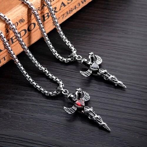 Angel Cross Necklace Crystal Inlay Angel Wing Sword Necklace in Stainless Steel