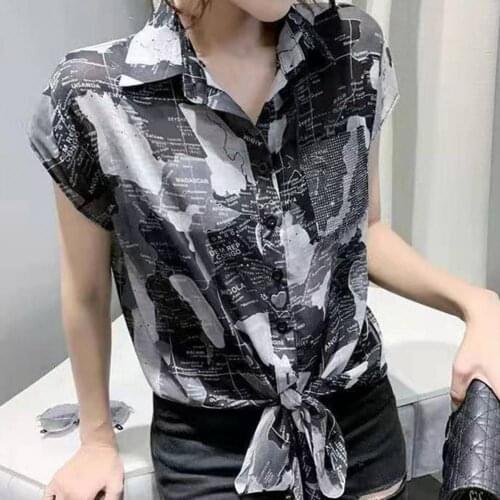 Fashion Short Sleeve Women T-Shirts Knotted Shirt All-matched Women Flower Print Chiffon Top for Daily Wear Loose Female Top