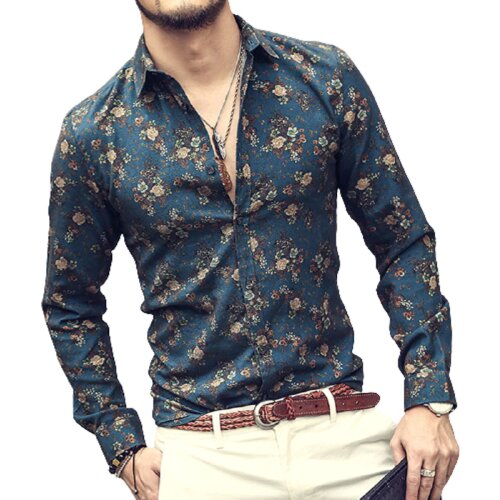 Mens Casual Retro Floral Long-Sleeve Shirt 2021 Spring Autumn New Fashion Mens Clothing Printed Slim Business Shirts