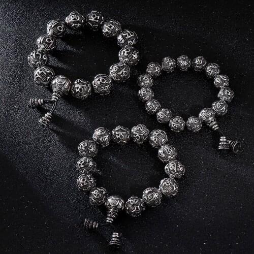 Retro Mens Titanium Steel Fashion Jewelry Six-word Mantra Beads Bracelet Stainless Steel Bracelets Unisex