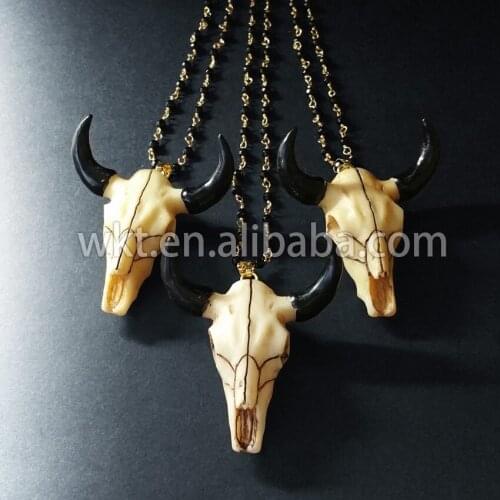 Wholesale Resin cattle longhorn necklace, black rosary beads buffalo head horn necklace WT-N396