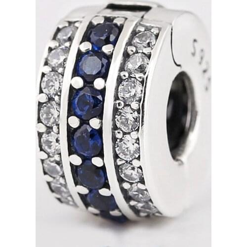 Original Pave Clear & Blue Crystal Clip Lock Stopper Beads Fit 925 Sterling Silver Charm Bracelet Bangle Diy Jewelry