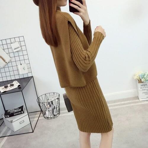 2020 Autumn Winter Knitting Women Sets Loose Vest And Slim Dress Female Sets