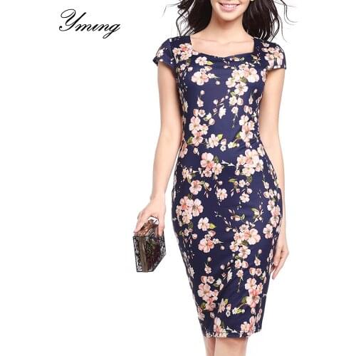 YMING Sexy Skinny Dress Women Floral Print Midi Dresses Banquet Club Dress Short Sleeve Vestidos Summer Dress Fashion Clothing