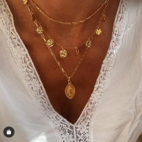 Tocona Charms Virgin Mary Pendant Neckalce for Women Tassel Gold Color Alloy Metal Multi-layer Geometric Jewelry Collar 15202