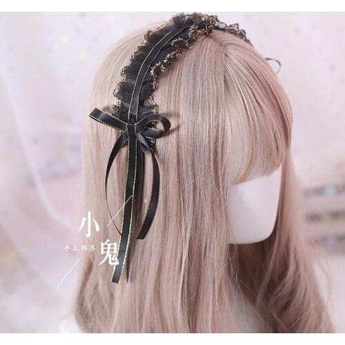 Dark gothic style women lolita bow headband lolita lace streamer bow hair accessories loli headdress