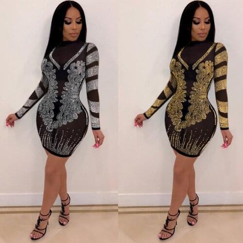 Hot Rhinestone Long Sleeve See-Through Slim Dress Nightclub Dress Party Party Dress Bright Rhinestone See-Through Sexy 3Xl