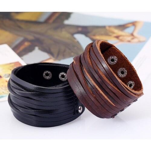 Punk Wide Leather Woven Bracelet Men Fashion Design Retro Double Adjustable Motorcycle Jewelry Bracelets
