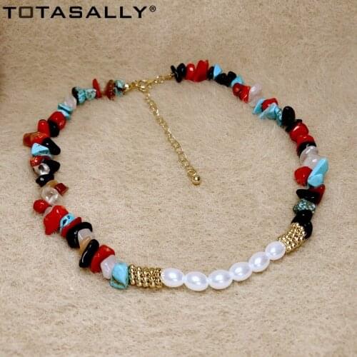 TOTASALLY Tribe style Womens Choker Necklace Simulated Pearl Beaded Nature Stone Collar Necklace Lady Jewelry Gifts Dropship