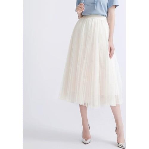 Fall Winter Beige Long Mesh Skirt Office Lady England Preppy Style High Street Elastic Waist Basic Apricot Accordion Skirts