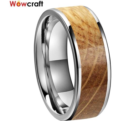 8mm Tungsten Wedding Bands for Men Women Tungsten Jewelry Steel Rings Whiskey Barrel Inlay Flat Shape Comfort Fit