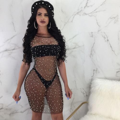 Hot Selling Women Summer Sequins Crochet Bikini Cover Up Swimwear Bathing Suit Pearl Beading Cover Up Mesh Tops Beach Dresses