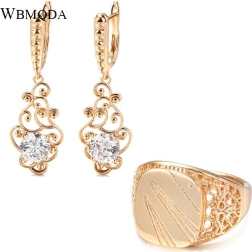 Wbmqda Fashion 2021 Women Long Earrings Ring Sets 585 Rose Gold Ethnic Hollow Flower Natural Zircon Earring Fine Luxury Jewelry