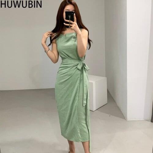 New Summer 2021 Womens Chic Square Neck Lace Up Design Split Waist With Thin Sling Wrapped In A Long Fashion Avant-Garde Dress