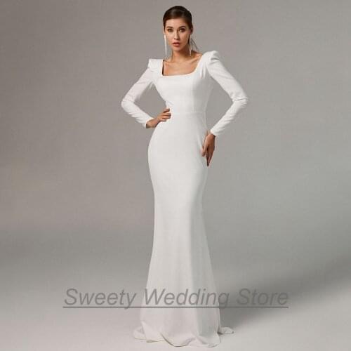 Modest Long Sleeves Square Neck Mermaid Wedding Dresses Custom Size Little Train Vestido De Noiva White Bridal Gowns
