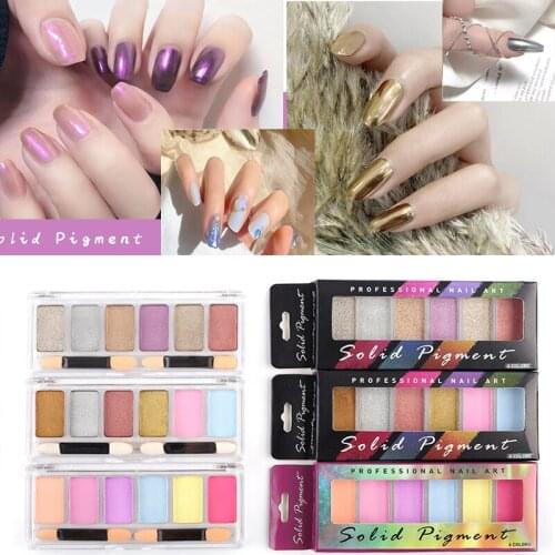 1 box 6-Colors Solid Chorms Mirror Powder Kits Aurora Manicure Shinny Glitter Pigment Holo Mirror Magic Dust