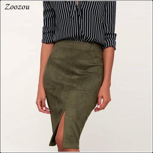 2020 Women New Solid Suede Leather Skirts Sexy High Waist Fashion Elastic Pencil Skirt Vintage Split Office Lady Skirts Custom