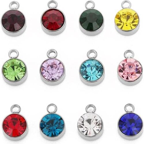 LOULEUR 5pcs 8mm Silver Color Stainless Steel Floating Crystal Pendants Birthstone Rhinestone Pendants for Necklace Bracelets