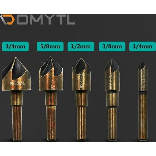 82°Five-Blade Chamfering Tool High Speed Steel Roasted Yellow Diamond Drill 6.35mm Round Shank Countersunk Drill 5pcs