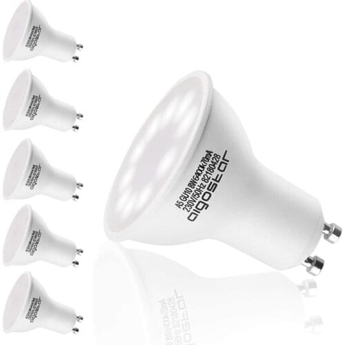 Aigostar - LED Bulb 8W GU10， 6400K， 600lumen， 8W equivalent to 60W， CRI≥80Ra，120-160 degree beam angle，25000 hours，pack of five