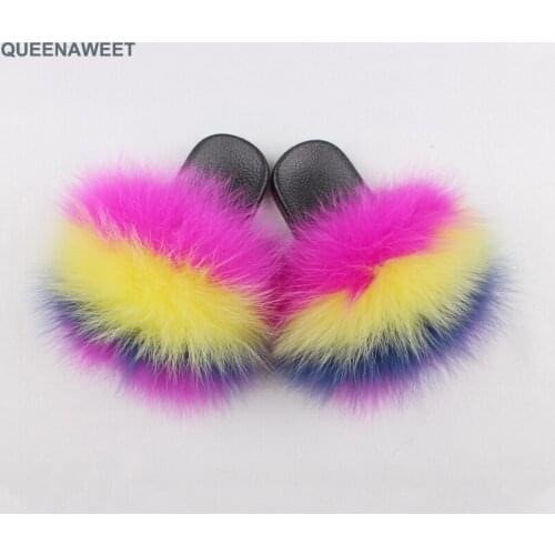 Hot Kid Fur Slippers Rainbow Fur Slides Real Fox Fur Sandals Fluffy Raccoon Home Slippers girls Sweet Cute Fuzzy Plush Shoes
