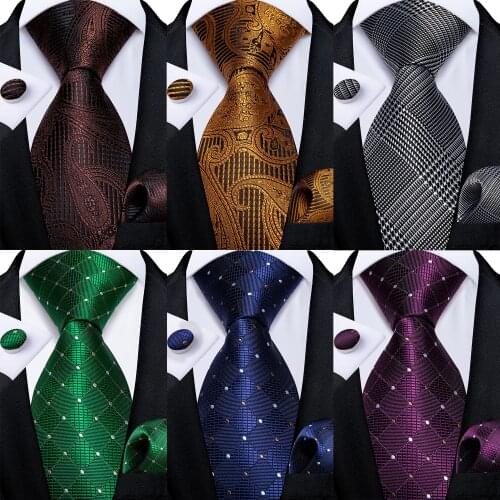 New Fashion Gold Brown Paisley Plaid Wedding Accessories Tie For Men Handkerchief Cufflinks Cravate Homme Gift For Men DiBanGu