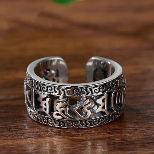 Lucky Charms Six-character Mantra Ring Open Buddha Transfer Retro Personality Index Finger Mens Prosperous Business Gift