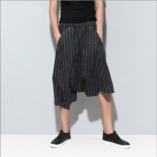 Korean New Striped Culottes Cross-pants Casual Pants Men Tide Calf Length Hanging Crotch Harem Pants Hairstylist Singer Costumes