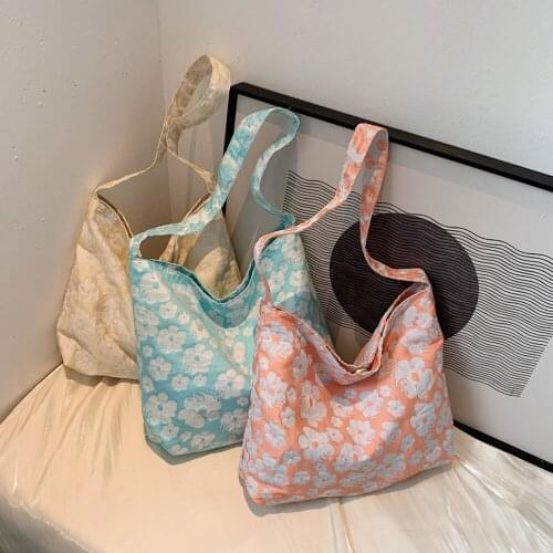 Women Reusable Fashion Canvas Shoulder Bags Female Large Capacity Casual Shopping Foldable Handbag Flower Print Storage Totes