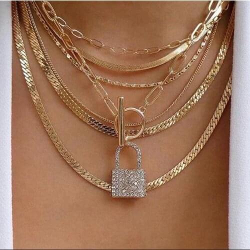 Multilevel Crystal Lock Snake Chain Pendant Necklaces For Women Female Fashion New Gold Luxury T-shaped Buckle Necklace Jewelry