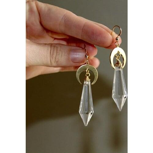 New Fashion Gold Plated Moon Natural Transparent Quartz Crystal Pendant Earrings Celestial Jewelry Handmade Jewelry