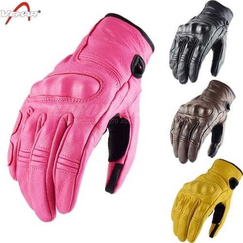 VEMAR Breathable Summer Vintage Brown Leather Motorcycle Gloves Men Touch Screen Retro Motocross Moto Gloves Scooter Pink Women