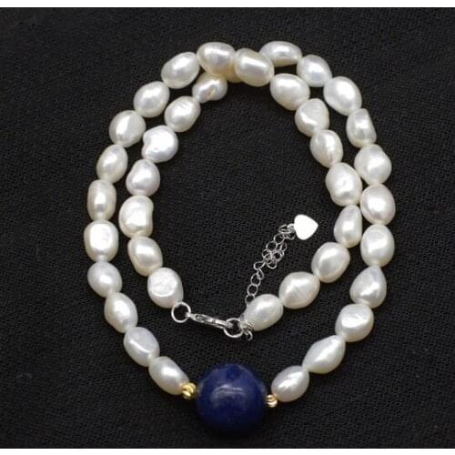 Freshwater pearl white baroque and lapis round 16mm necklace 17inch FPPJ wholesale beads nature