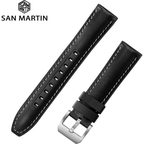 San Martin Men Watch Bands Leather Fluorine Rubber Strap 20/22mm Sports Sweatproof Soft Composite Material Black Watchbands
