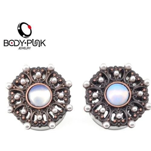 BODY PUNK Ear Plug Burnished Rose Gold Opalite Center With Pearl Balls Filigree Plug Gauges Earrings Body Piercing Jewelry