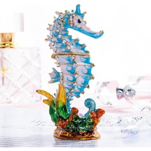 H&D Trinket Box Crystal Bejeweled Enamelled Seahorse Jewelry Ring Holder Handmade Sealife Figurine Collectible Decoration Gift
