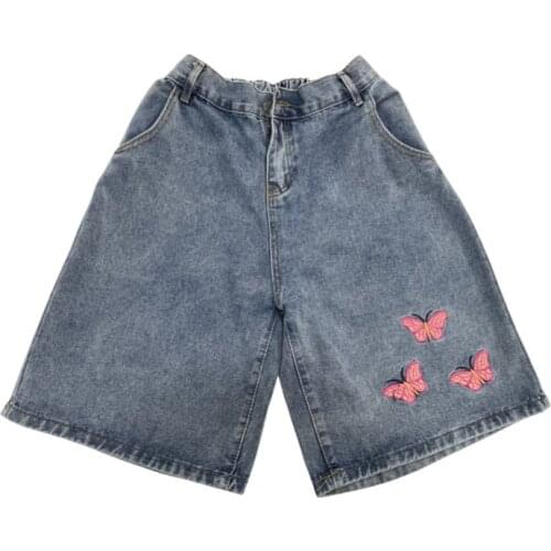 New Summer Shorts Women College Style Shorts Cotton Cartoon Butterfly Embroidery Denim Shorts Vintage Washed Shorts Man Shorts
