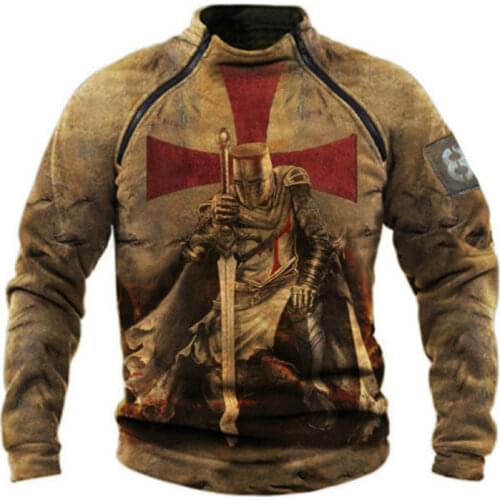 Spring Knights Templar Print Retro Streetwear Hoodie Men Long Sleeve Zipper Stand Collar Breathable Tactical Pullover Sweatshirt