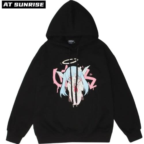 Men Women Hip Hop Sweatshirt Hoodie Kawaii Japanese Style Anime Girl Streetwear Harajuku Pullover Hoodie Cotton Casual Black