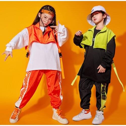 2021 Spring Boys Girls Hiphop Clothing Set Children Dance Stage Costumes Sweatshirt Vest Ballroom Pants Jazz Performance Clothes
