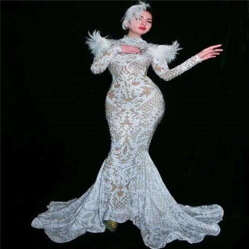Y02 Party singer wears long evening dress stage dance costume ballroom catwalk perform white feather Long sleeve hip skirt cloth