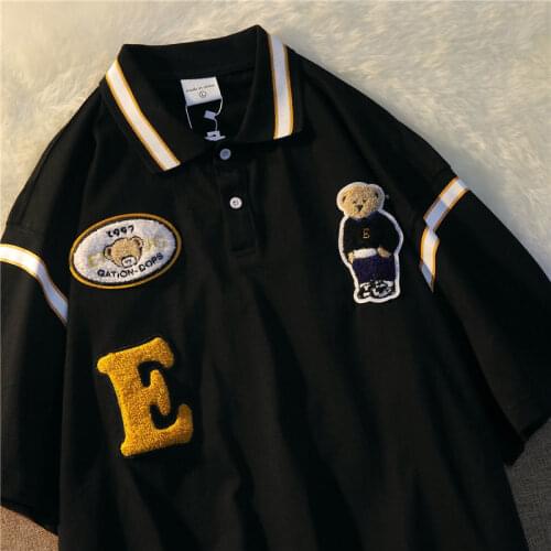 Vintage Bear Embroidery POLO Collar T Shirts Women Oversized Streetwear Harajuku Tees 2021 New Summer Preppy Korean Trend Tops