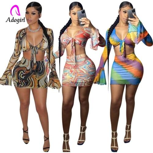 Paisley Women 2 Piece Set Flare Sleeve Deep V Neck Bow Tie Crop Top Bodycon Mini Skirt Matching Suit Sexy Club Party Vestidos